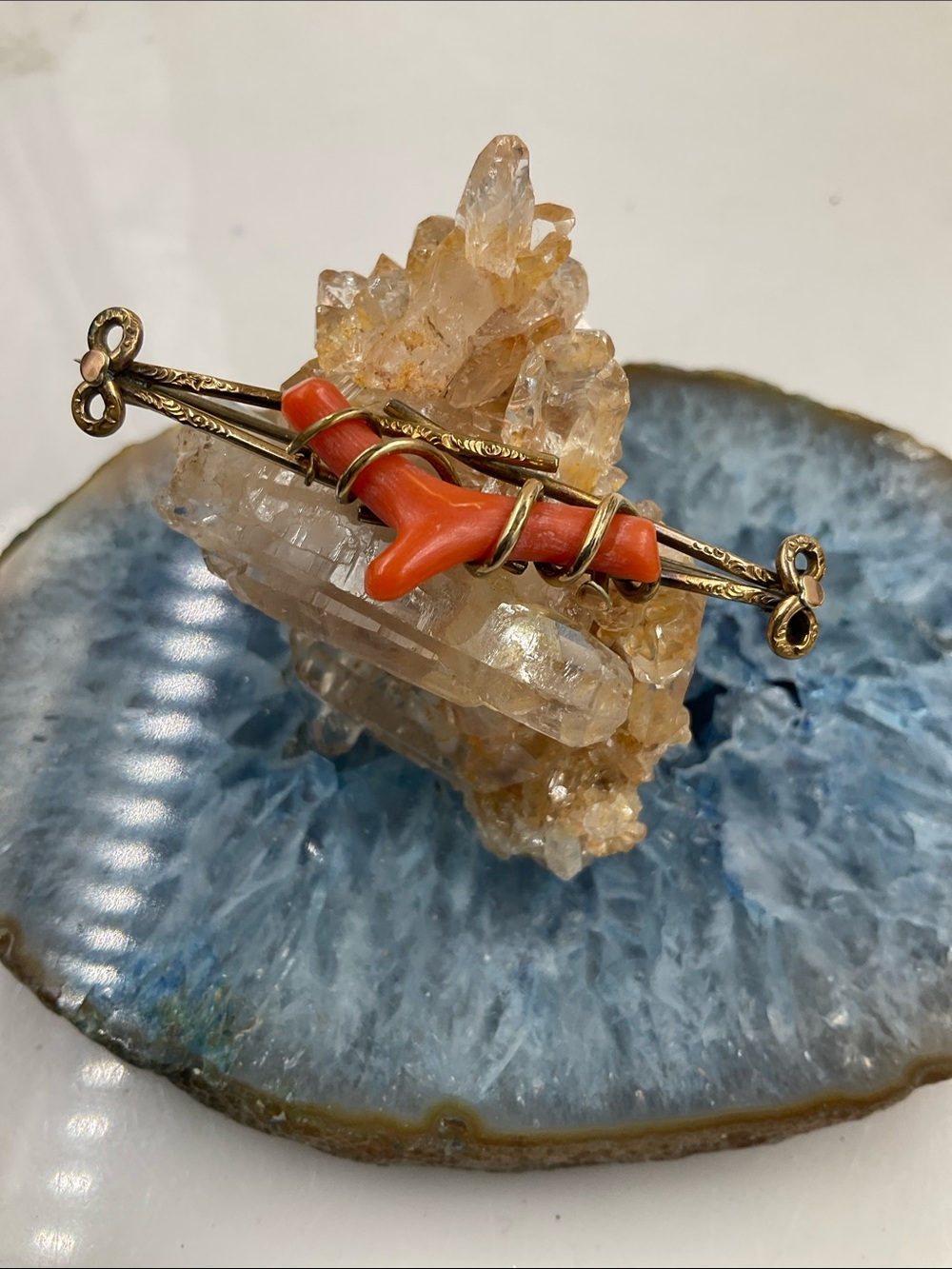 Vtg. 1880’s Victorian Red Branch Coral Affixed To A Gold Filled Ornate Brooch